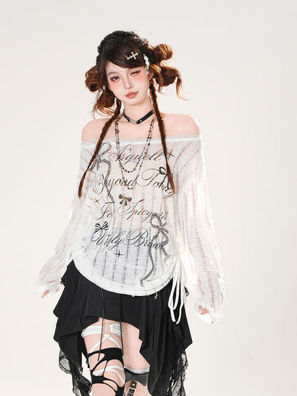 Off-the-shoulder Neckline Bowknot Print Black/White Semi-sheer Coverup