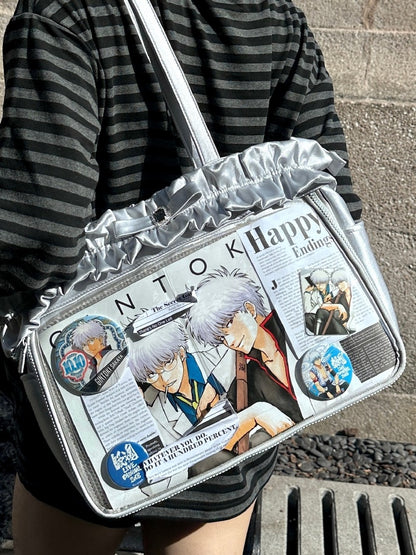 Silver Ruffle Trim Rhinestone Bowknot Large Volume Ita Tote Bag