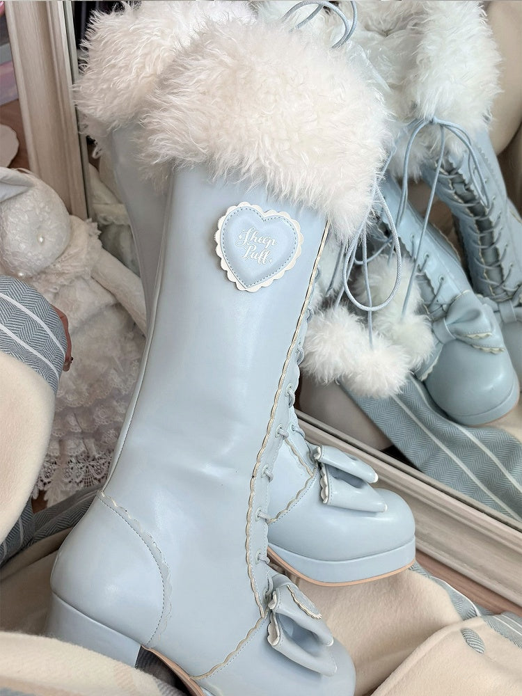 Mid-heel Blue Knee-Highs in PU with Plush Cuff, Bow Decor & Lace+Zip Fastening