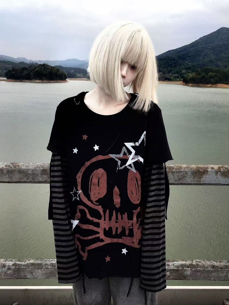 Black Skeleton and Star Print Punk Rock Cotton Top Faux Two-pieces