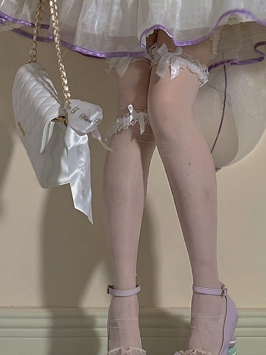 White/Black Semi-sheer Ruffled Lace Cuff Bow Over Knee Stockings