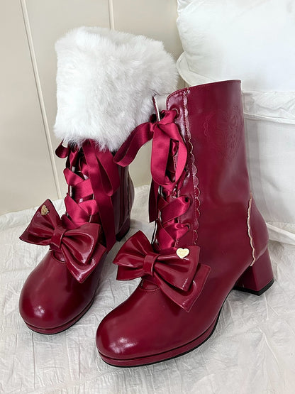 Sweet Red Lolita Boots in PU Leather with Adjustable Lacing & Convertible Plush Collar