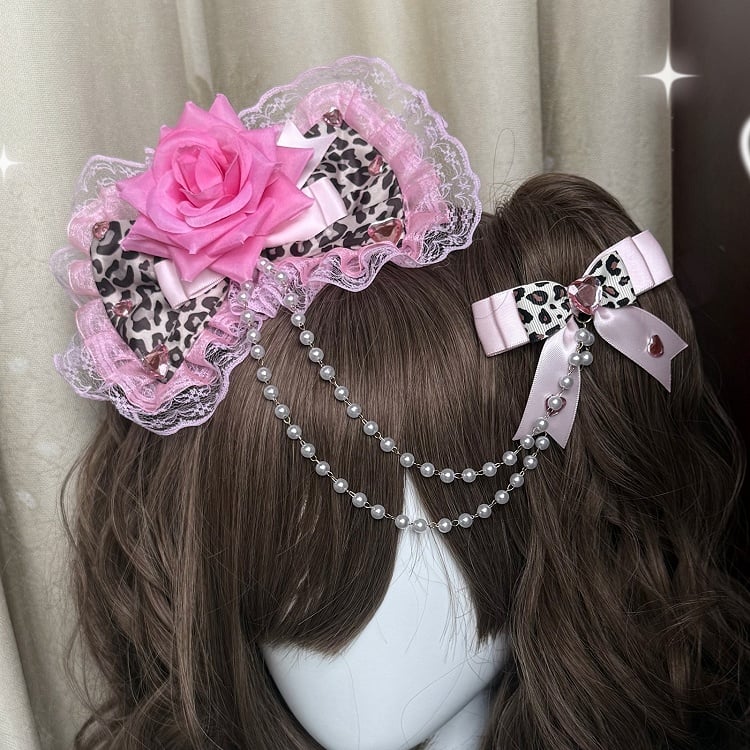 Two Pink/Black Leopard Pattern Floral Design Bead Chain Bowknot Hairclips