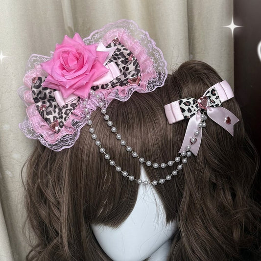 Two Pink/Black Leopard Pattern Floral Design Bead Chain Bowknot Hairclips