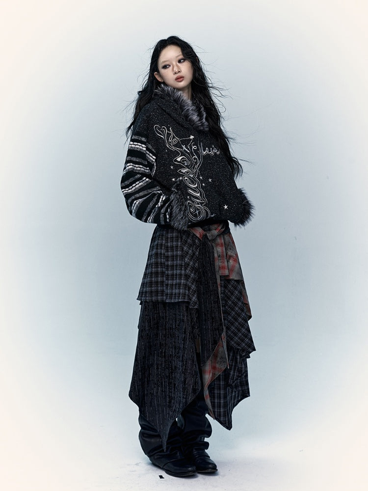 Gray&White/Black&White Plush Trim Striped Sleeves Hoodie