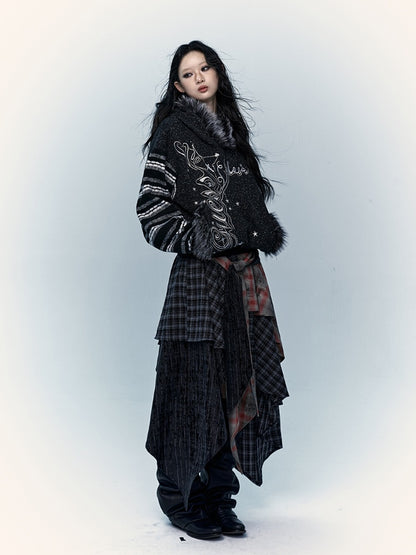 Gray&White/Black&White Plush Trim Striped Sleeves Hoodie