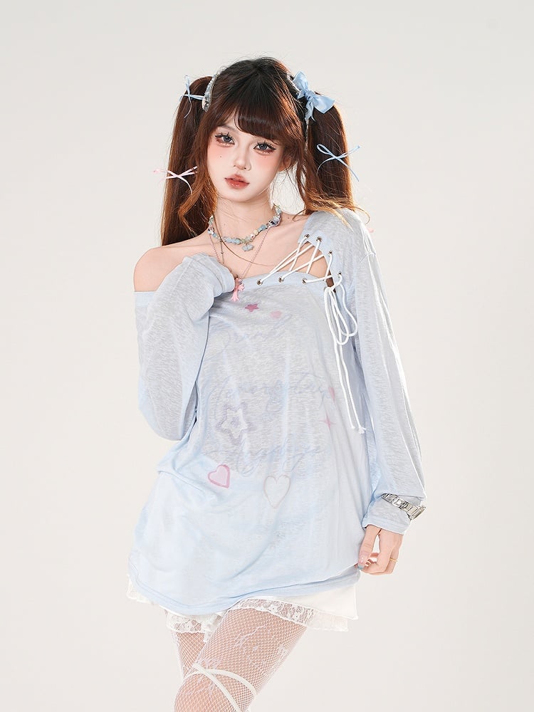 Lace-up Asymmetrical Neckline Blue/White Semi-sheer Coverup