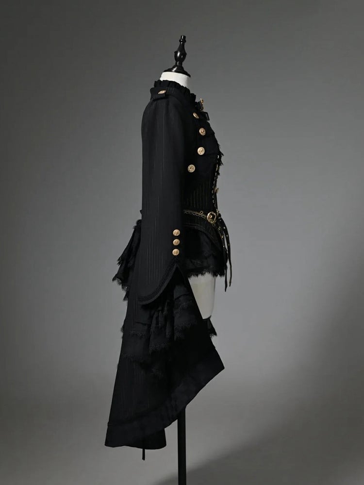 Ouji Fashion Lolita Knight Outfit - Black Long Sleeves Top + Black One-shoulder Cape Tailcoat