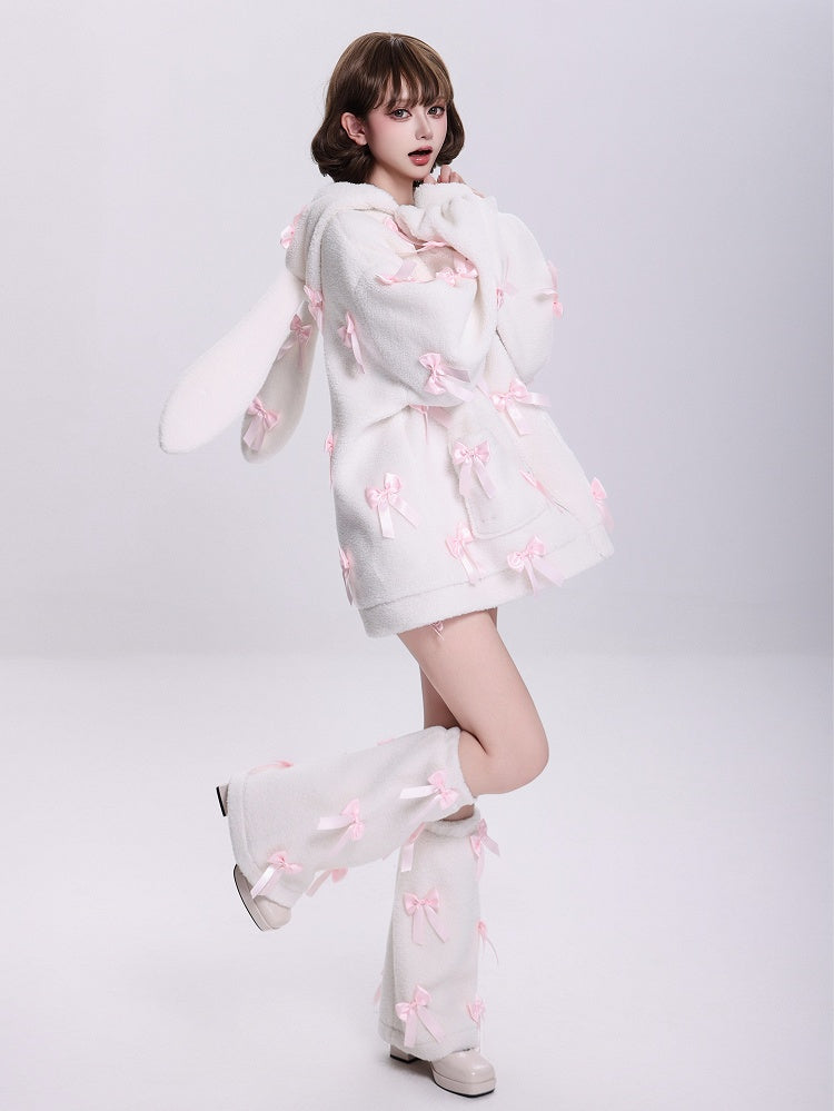 Allover Pink Bows Jirai Kei Bunny Ears Hooded White Fleece Zip Hoodie