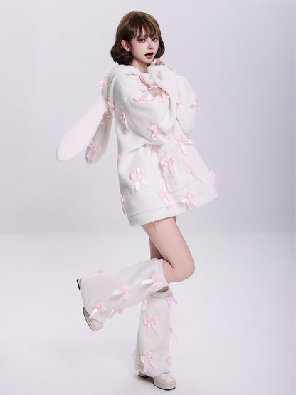 Allover Pink Bows Jirai Kei Bunny Ears Hooded White Fleece Zip Hoodie