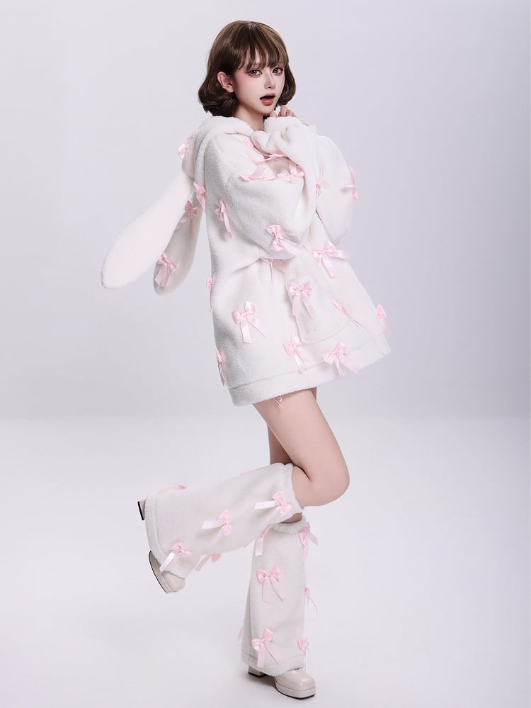 Allover Pink Bows Jirai Kei Bunny Ears Hooded White Fleece Zip Hoodie