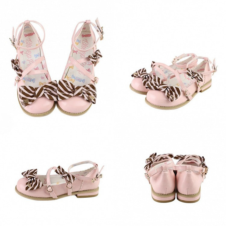 Pink&Brown Striped Pattern Bow at Top Crisscross Design Heart Buckles Lolita Shoes