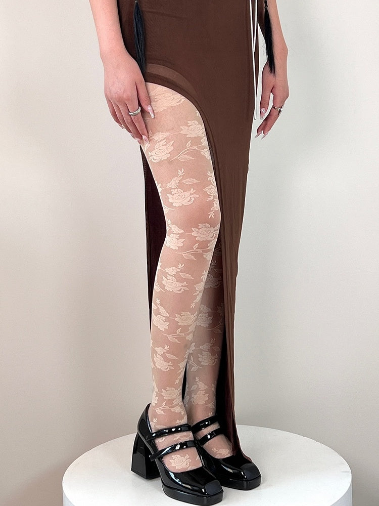 Nude/Khaki Y2K Rosette Pattern Tights
