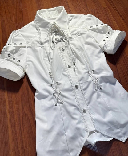 White Ouji Lolita Fashion Lace-up Neckline Short Sleeves Shirt
