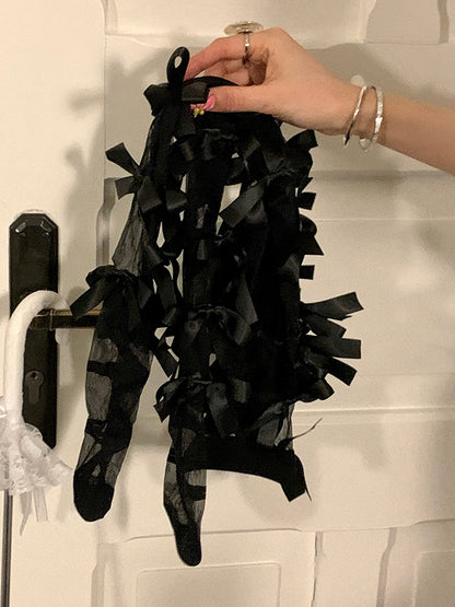 White/Black Crisscorss Banded Bowknot Details Over-knee Stockings