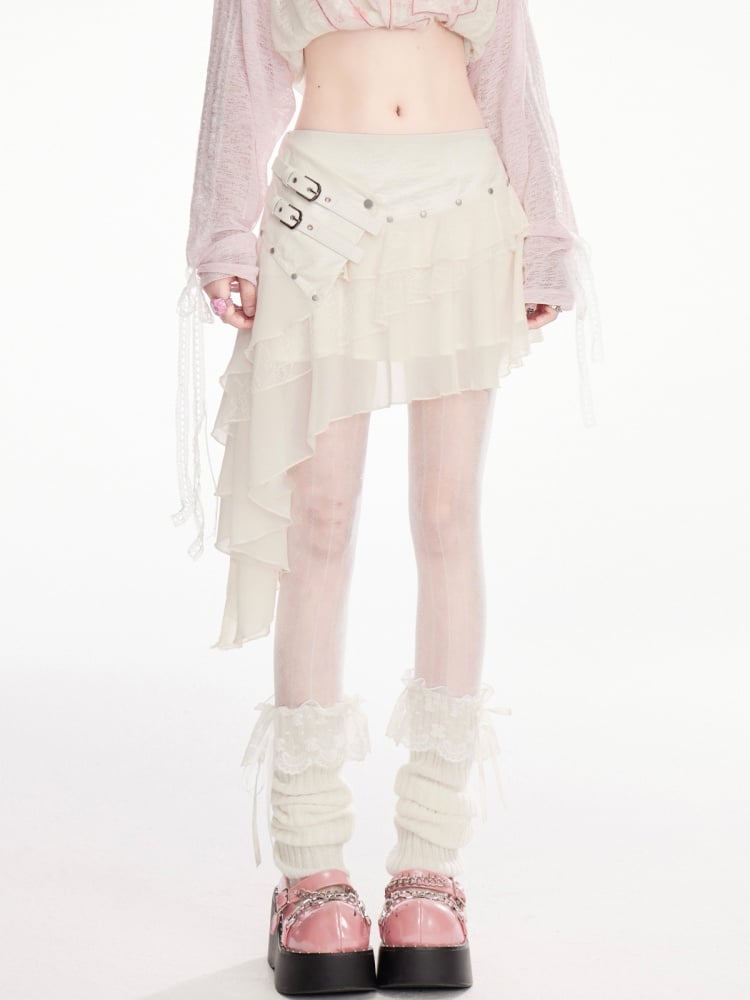 Apricot Buckle Straps Asymmetrical Hem Wasteland Punk Tiered Skirt
