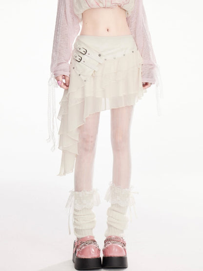 Apricot Buckle Straps Asymmetrical Hem Wasteland Punk Tiered Skirt
