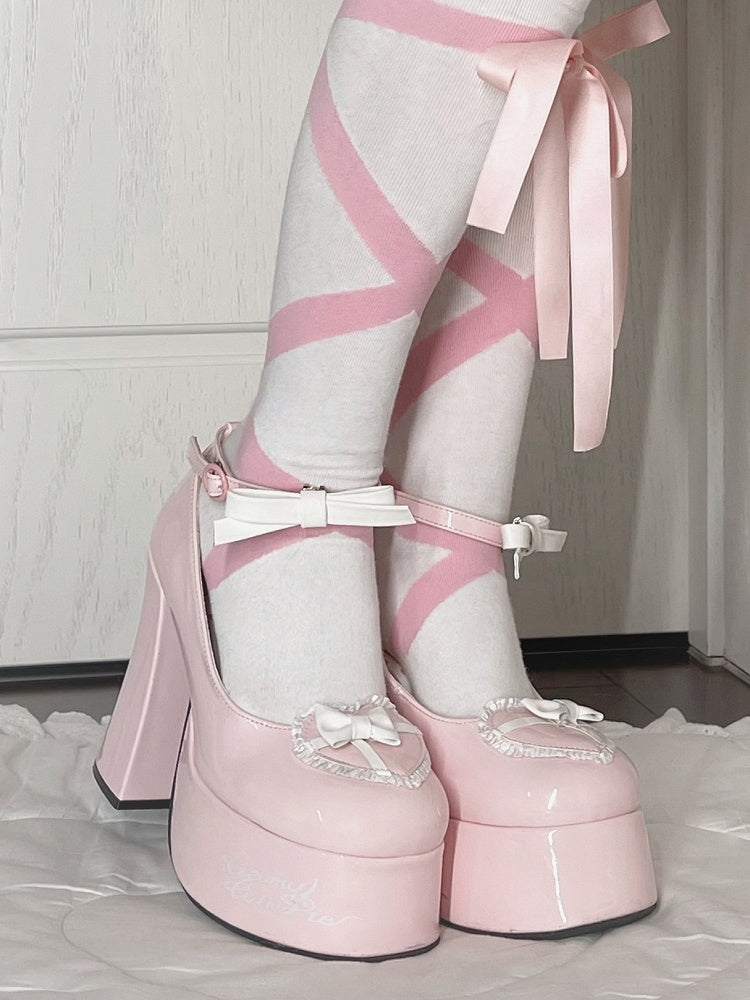 Bow Accents Heart Design Pink and White Platform Block High Heels