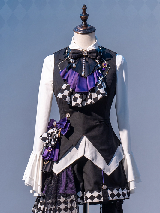 Black Foldover Collar Curved Hem Prince Style Ouji Lolita Waistcoat with Free Brooch