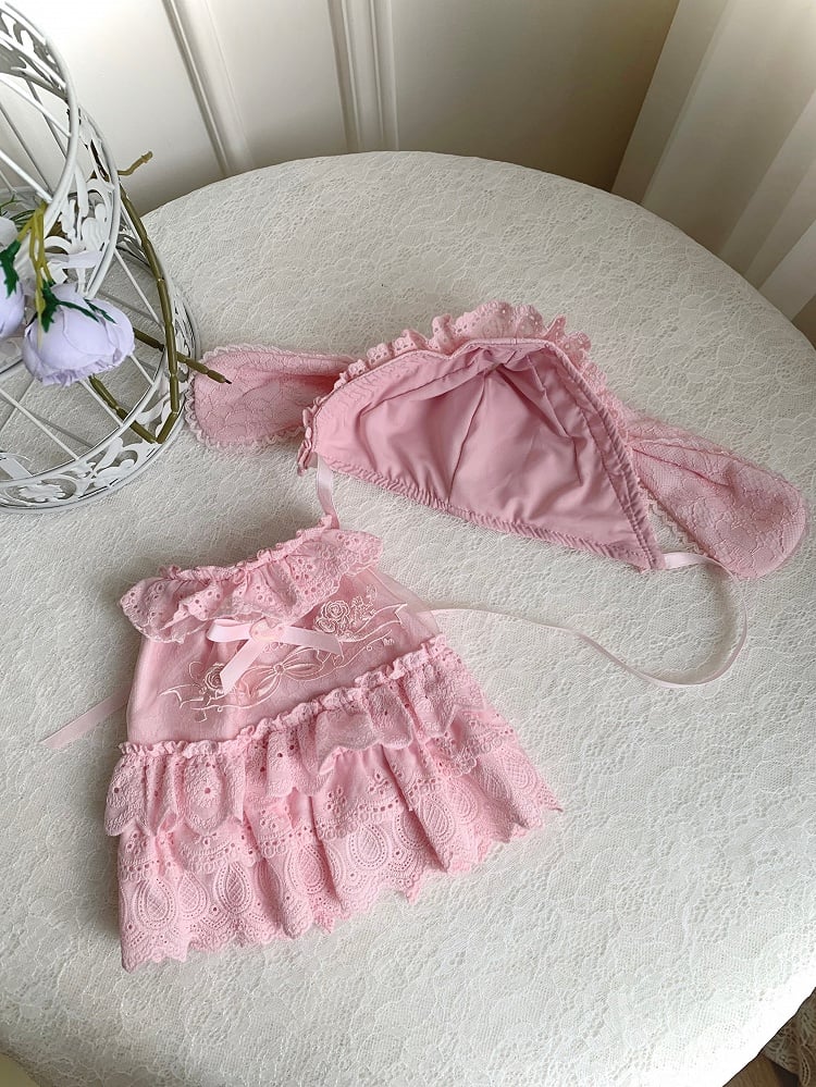 Pink Rosette and Bowknot Embroidery Dress + Bunny Ears Hat