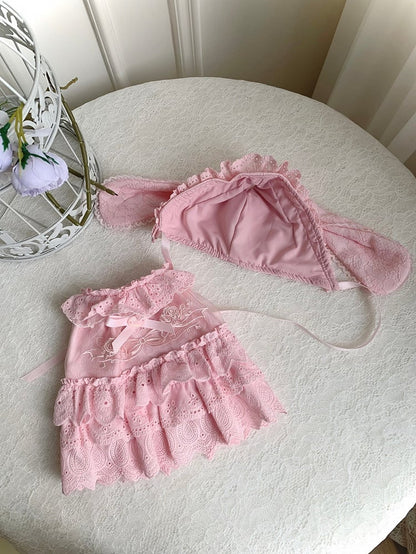 Pink Rosette and Bowknot Embroidery Dress + Bunny Ears Hat