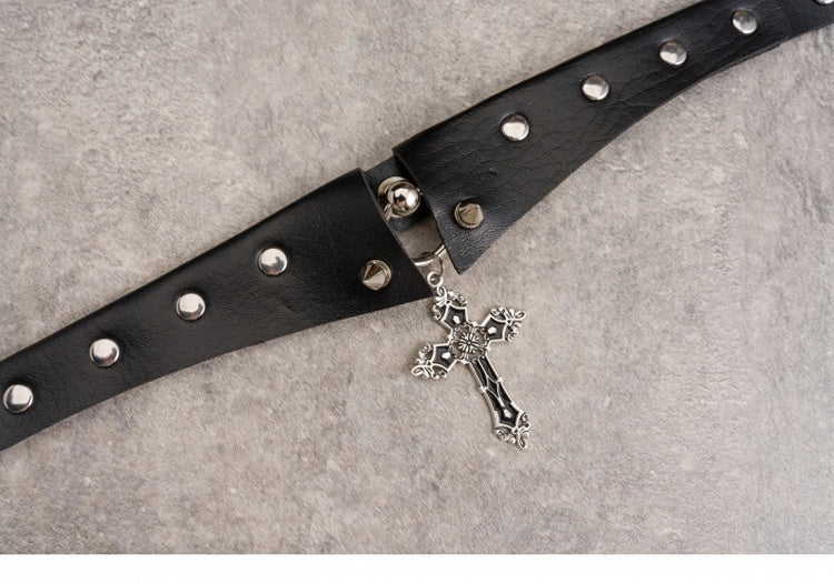 Cross Pendant Y2K Studs Black Gothic PU Choker