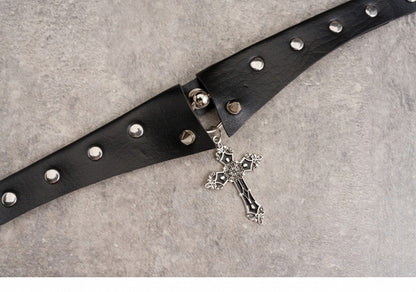 Cross Pendant Y2K Studs Black Gothic PU Choker