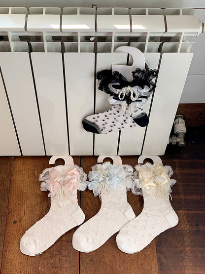 Yellow/Pink/Blue/Black Beaded Bowknot Lace Trim Polka-dot Pattern Ankle Socks