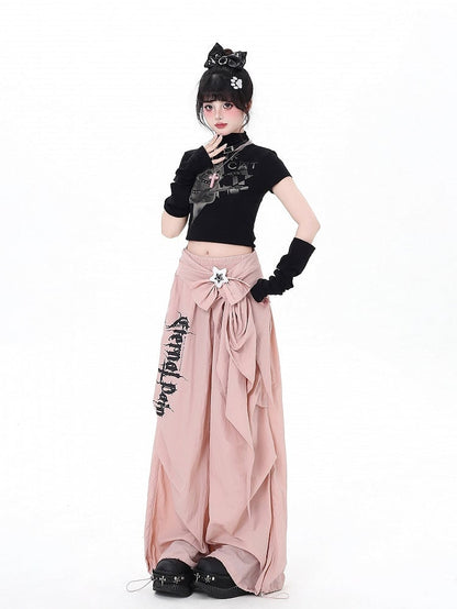 Black / Pink Low Waist Loose Fit Cargo Pants with Detachable Waist Accessory