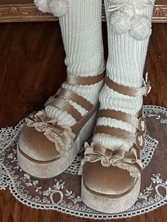 Lace Trim Bowknot at Top Velvet Light Brown Buckle Straps Platforms