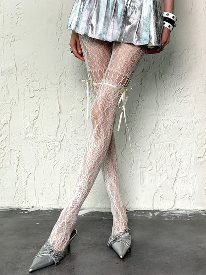 White Y2K Self-tie Straps Hollow-out Design Tights