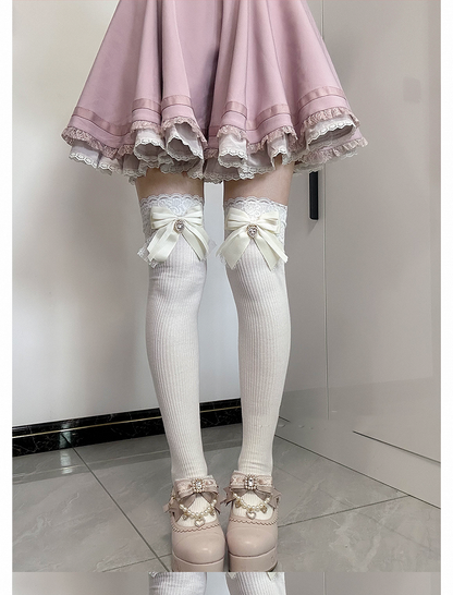 Apricot Bow Detail Front Heart Rhinestone Jirai Kei Over Knee Stockings
