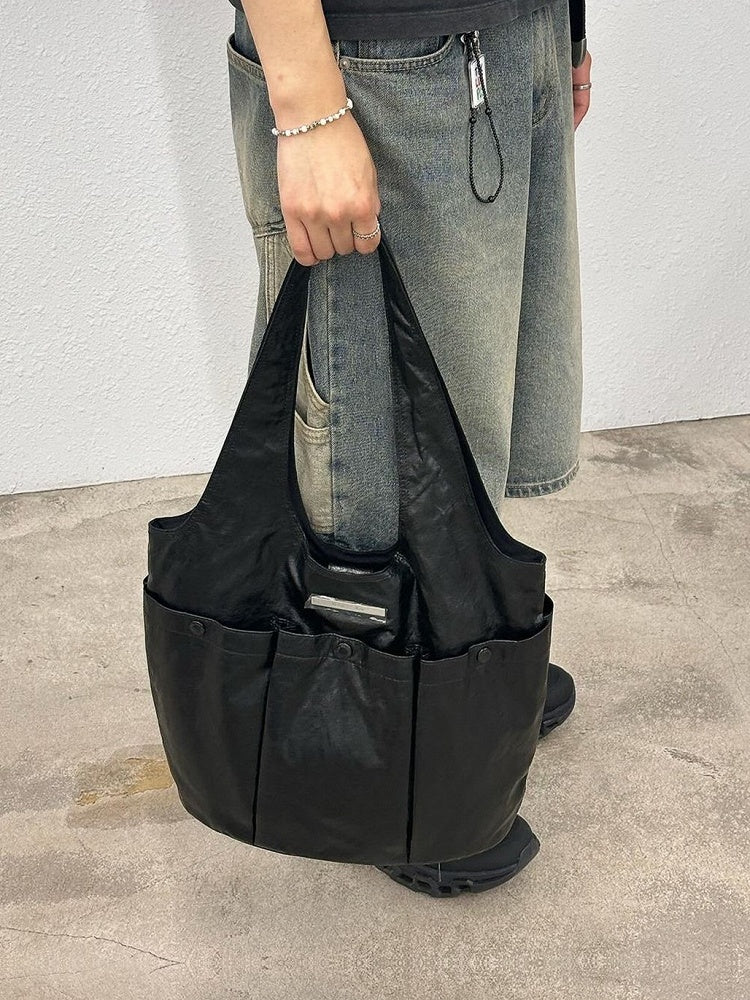 Black Large Capacity Single-Shoulder Tote Bag With Triple Pocket Design