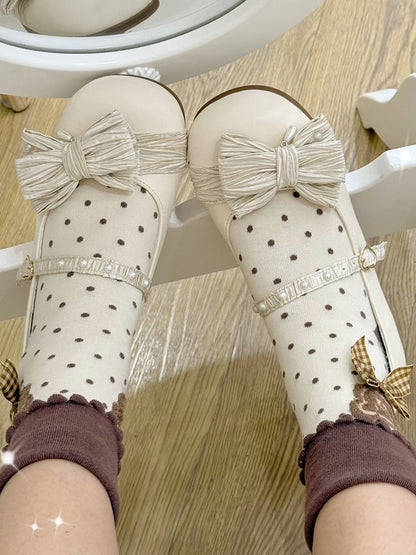 Creamy White Beaded Decorated Bow at Top Heart Buckle Round Toe Lolita Shoes