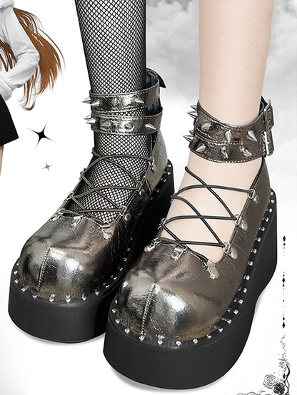 Front Lace-up Spike Stud Detailing Metallic Color Punk Lolita Platforms
