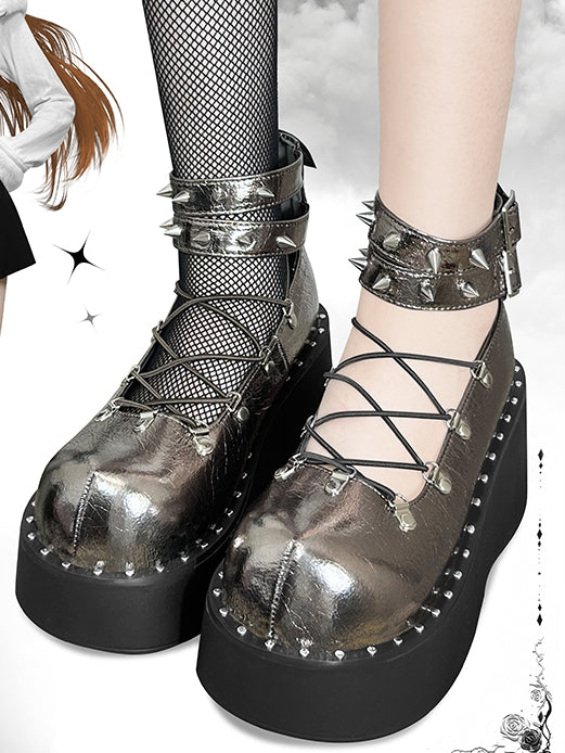 Front Lace-up Spike Stud Detailing Metallic Color Punk Lolita Platforms