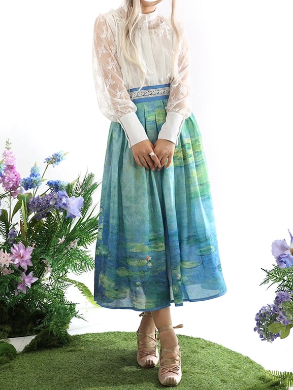Water Lily Oil Painting Print Blue and Green High Waist Skirt Long/Short Version
