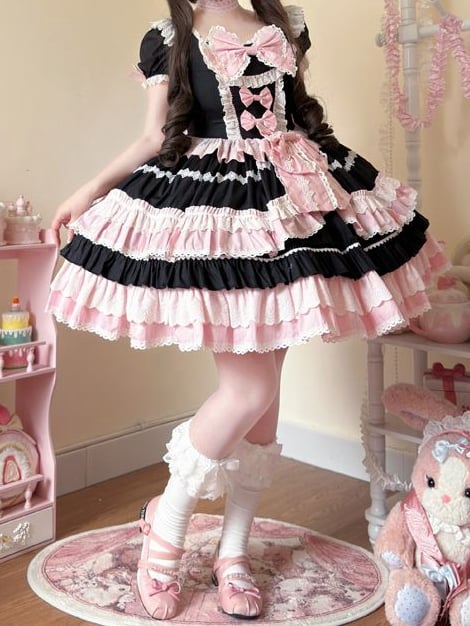 Black and Pink Sweet Bow Accents Short Sleeves Dress Lolita One Piece