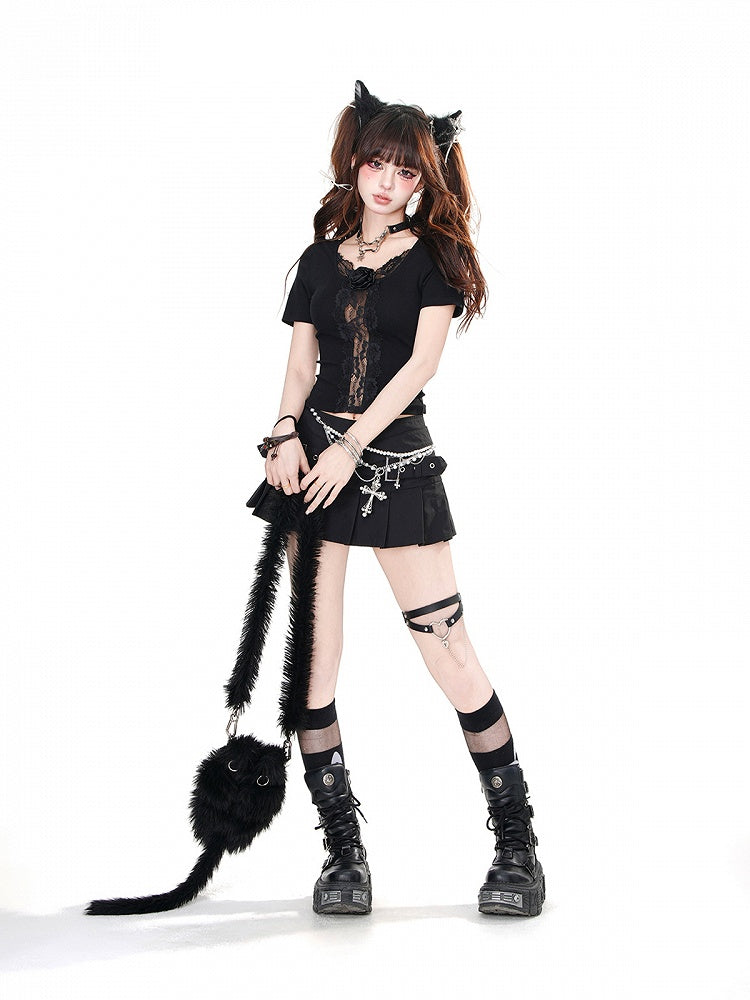 Black/Red Rosette Lace Trim Butterfly Cutout Detail Back Glamorous Cropped Top