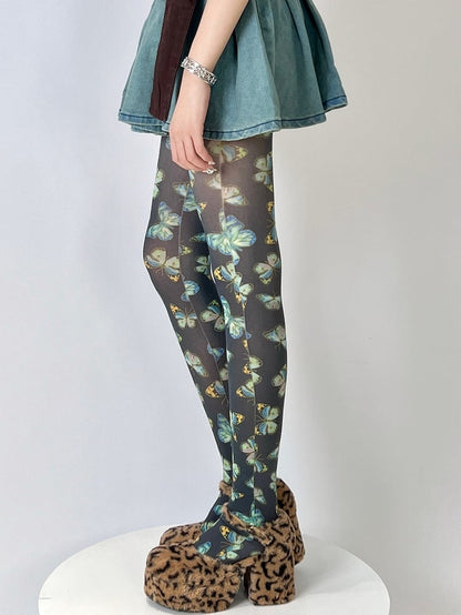 Yellow/Black Butterfly Print Tights