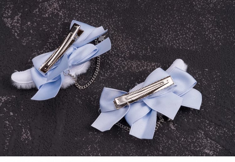 Star Charm Handmade Plush Angel Wings White and Blue Bowknot Hairclips