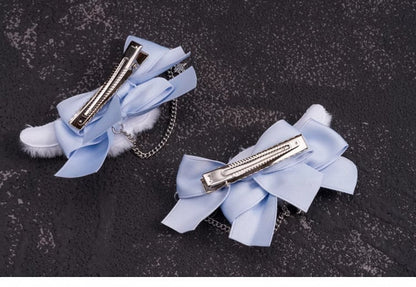 Star Charm Handmade Plush Angel Wings White and Blue Bowknot Hairclips