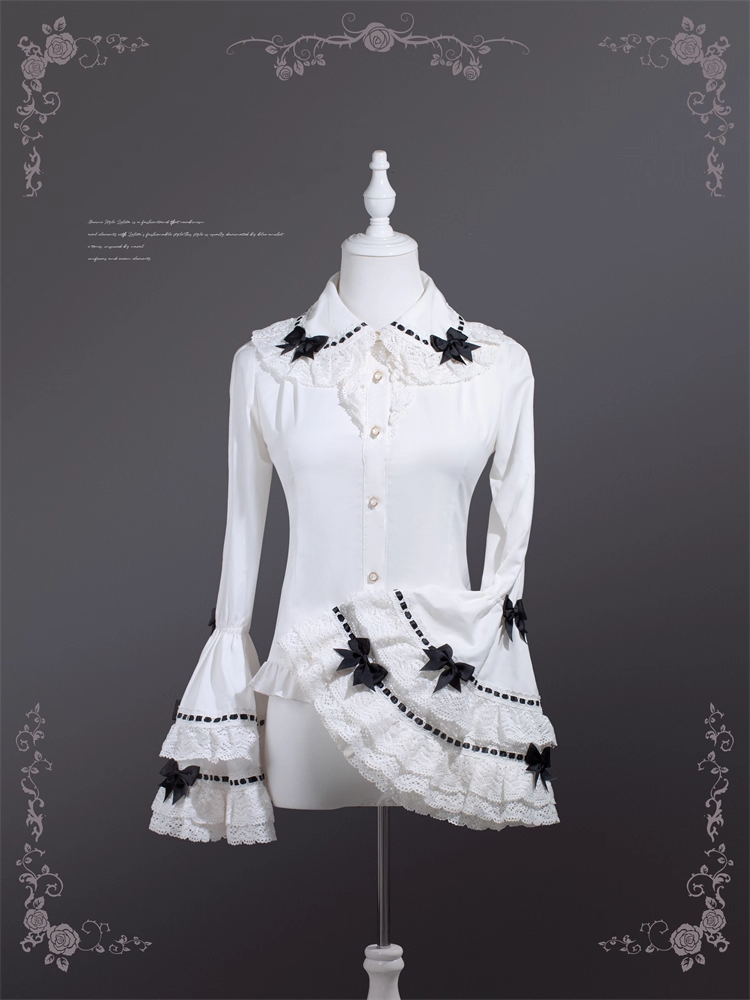 Black Bowknots Decoration White Peter Pan Collar Bell Sleeves Blouse