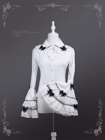 Black Bowknots Decoration White Peter Pan Collar Bell Sleeves Blouse