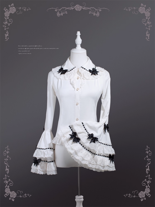 Black Bowknots Decoration White Peter Pan Collar Bell Sleeves Blouse