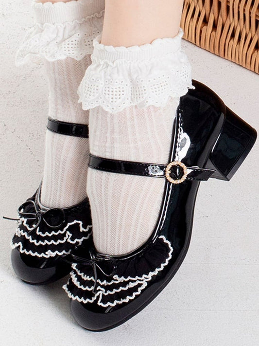 Black Beaded Round Buckle Bowknot Decorated Multiple Layers Lace Mary Janes