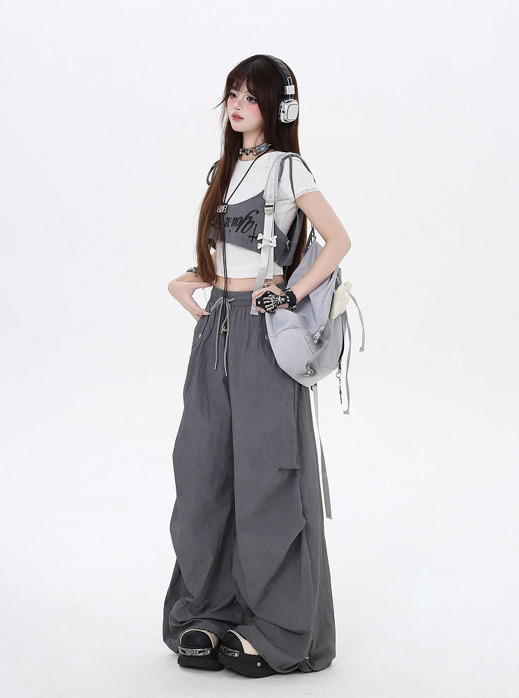 Gray Drawstring Waist Wasteland Punk Pants with Asymmetrical Waist Accessory