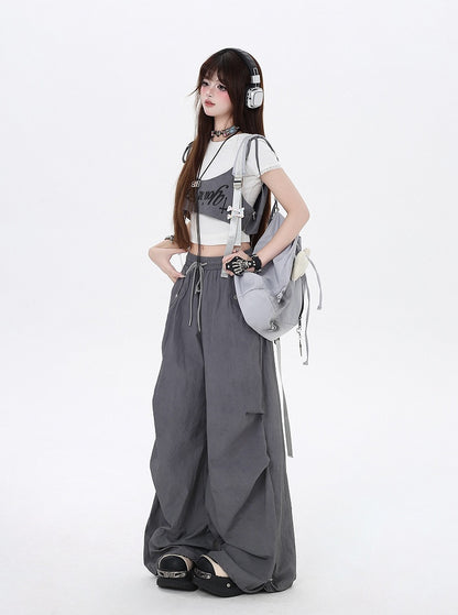 Gray Drawstring Waist Wasteland Punk Pants with Asymmetrical Waist Accessory