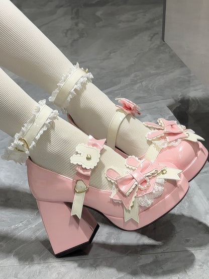 Polished Pink Sweet Lolita Bunny Decorated Bowknot Details Lace Trim Platform High Block Heels