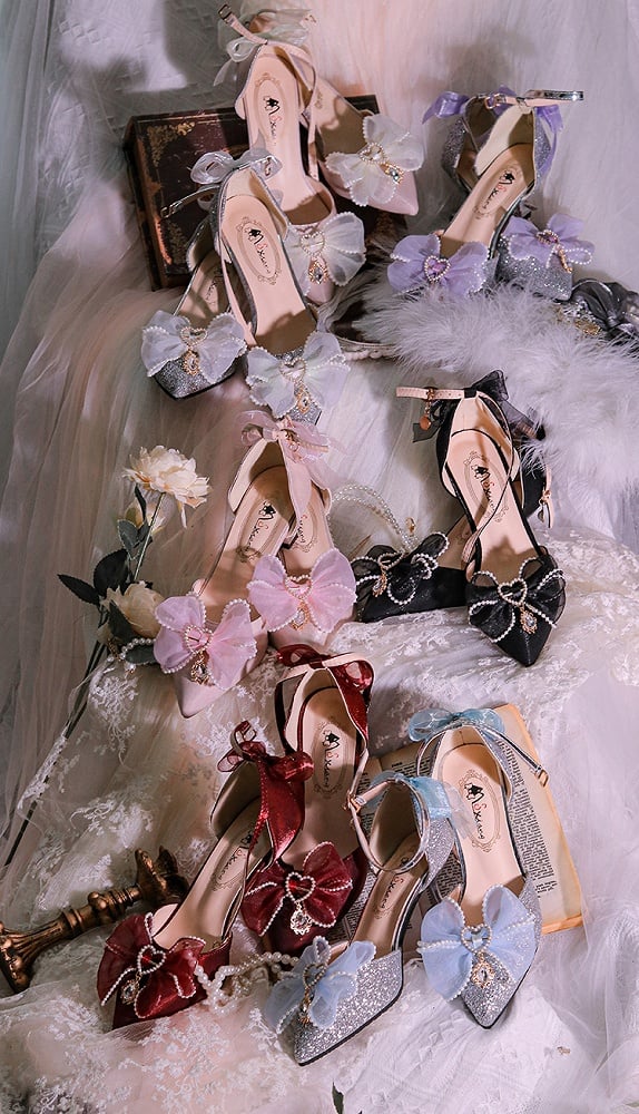 Silver & Light Blue Beaded Bowknot Accents Pointed Toe Hime Lolita Middle Heels